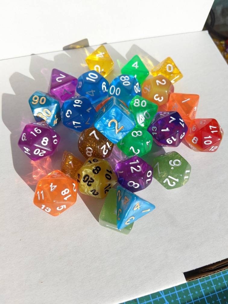 D&D Polyhedral Dice full 7pc set for Dungeons and Dragons and other TTRPGs. 20 colours available, comes with free dice bag.