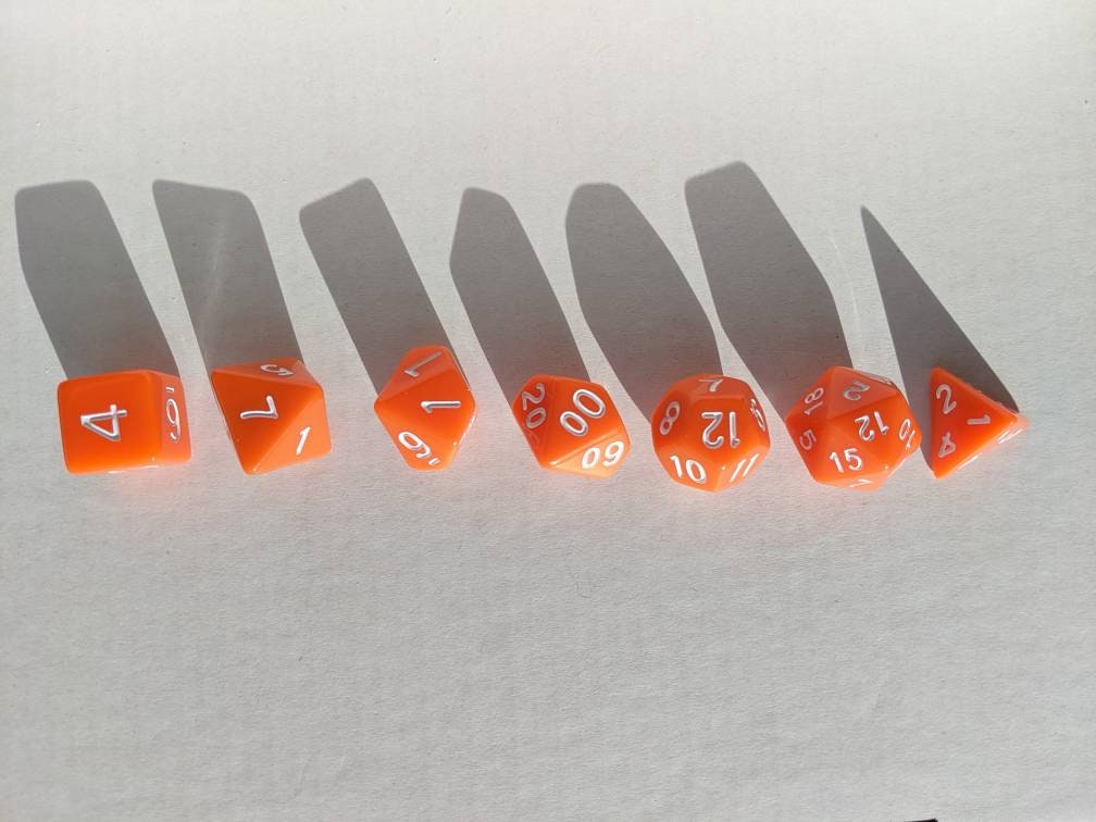Fireball Orange Dice Set D&D Polyhedral Dice full 7pc set for Dungeons and Dragons and TTRPGs Free dice bag