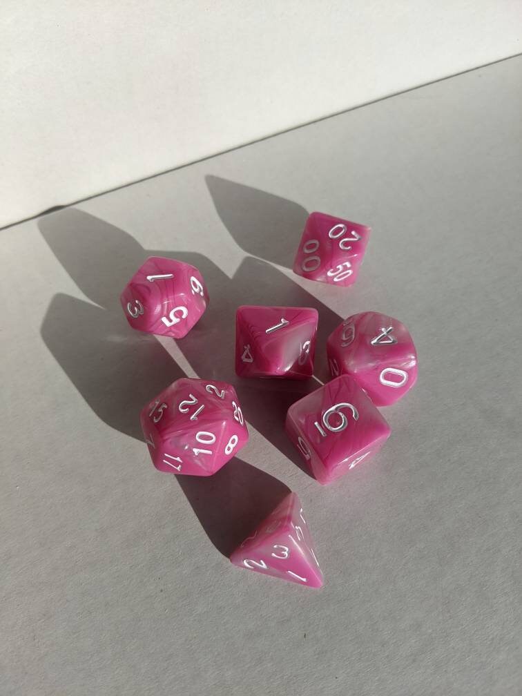 Pink Dice Set D&D Polyhedral Dice full 7pc set for Dungeons and Dragons and TTRPGs Free dice bag