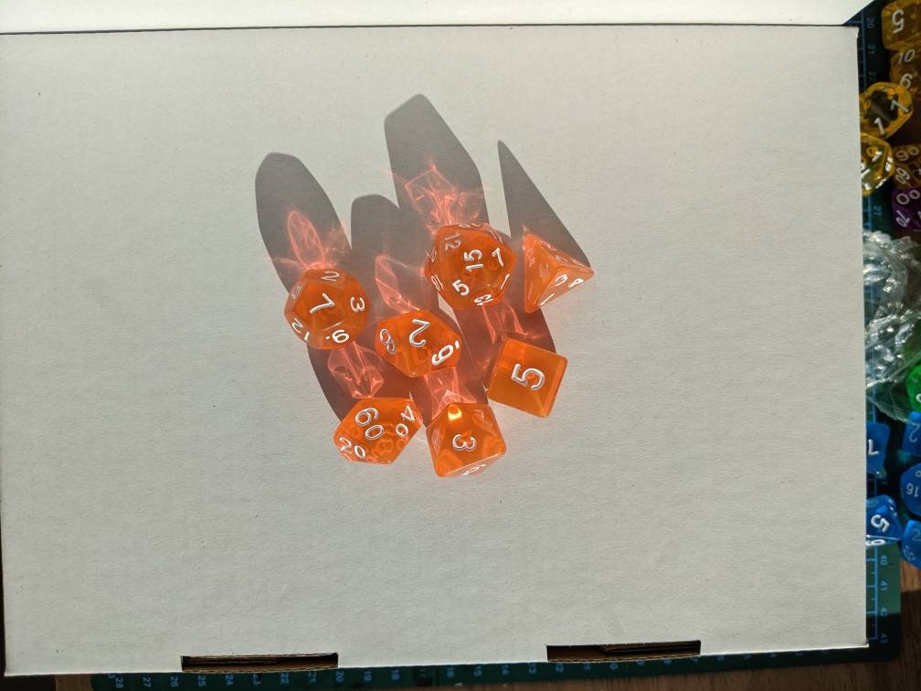 Transparent Orange Dice Set D&D Polyhedral Dice full 7pc set for Dungeons and Dragons and TTRPGs Free dice bag