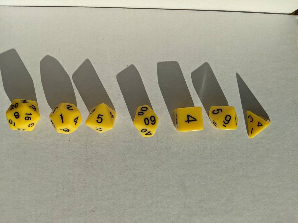 Yellow Dice Set D&D Polyhedral Dice full 7pc set for Dungeons and Dragons and TTRPGs Free dice bag