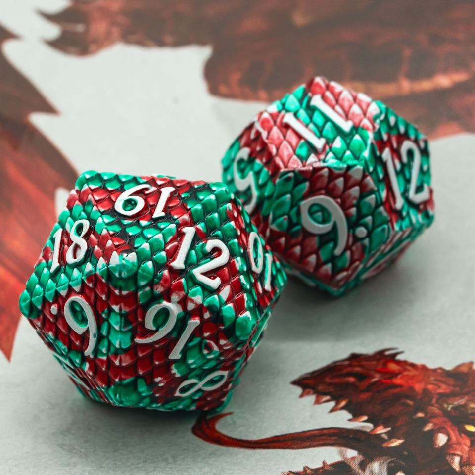 Red/Green Dragon Scale Metal Dice Set