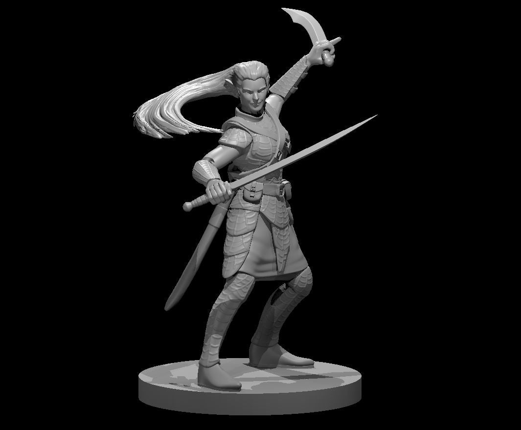 Drow Female Bladesinger w Scimitars miniature model for D&D - Dungeons and Dragons, Pathfinder and Tabletop RPGs