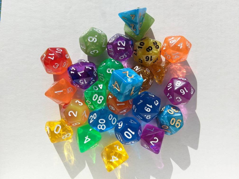 Mystery Dice Sets                         D&D Polyhedral Dice full 7pc set for Dungeons and Dragons and other TTRPGs. Free dice bag.