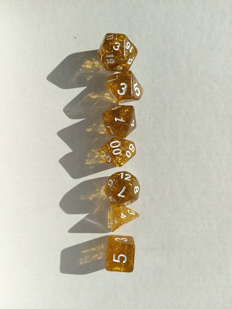 Gold Rush Glitter Dice Set                          D&D Polyhedral Dice full 7pc set for Dungeons and Dragons and other TTRPGs Free dice bag