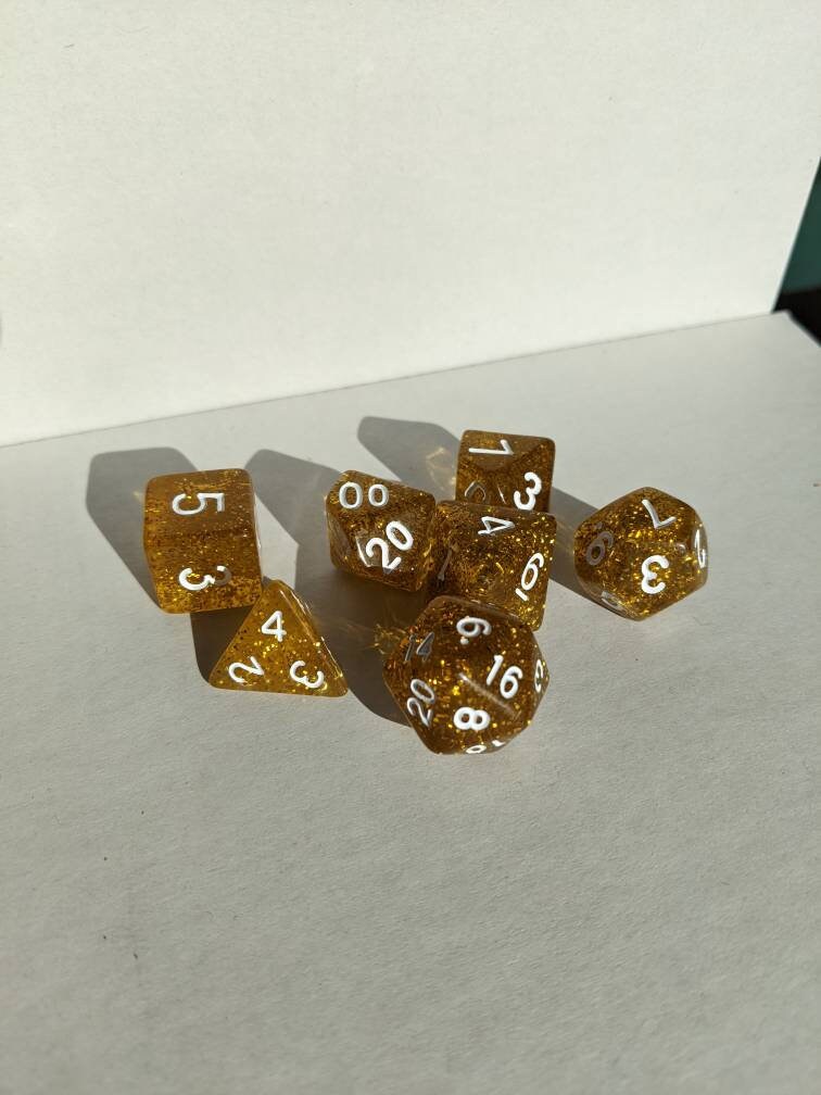 Gold Rush Glitter Dice Set                          D&D Polyhedral Dice full 7pc set for Dungeons and Dragons and other TTRPGs Free dice bag