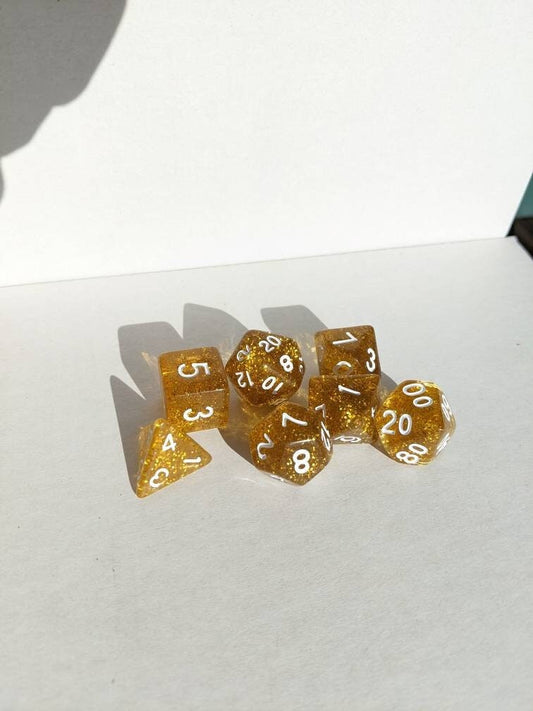 Gold Rush Glitter Dice Set                          D&D Polyhedral Dice full 7pc set for Dungeons and Dragons and other TTRPGs Free dice bag