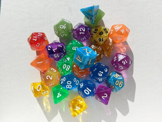 D&D Polyhedral Dice full 7pc set for Dungeons and Dragons and other TTRPGs. 20 colours available, comes with free dice bag.