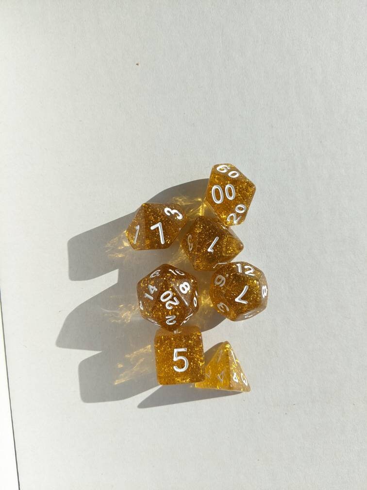 Gold Rush Glitter Dice Set                          D&D Polyhedral Dice full 7pc set for Dungeons and Dragons and other TTRPGs Free dice bag