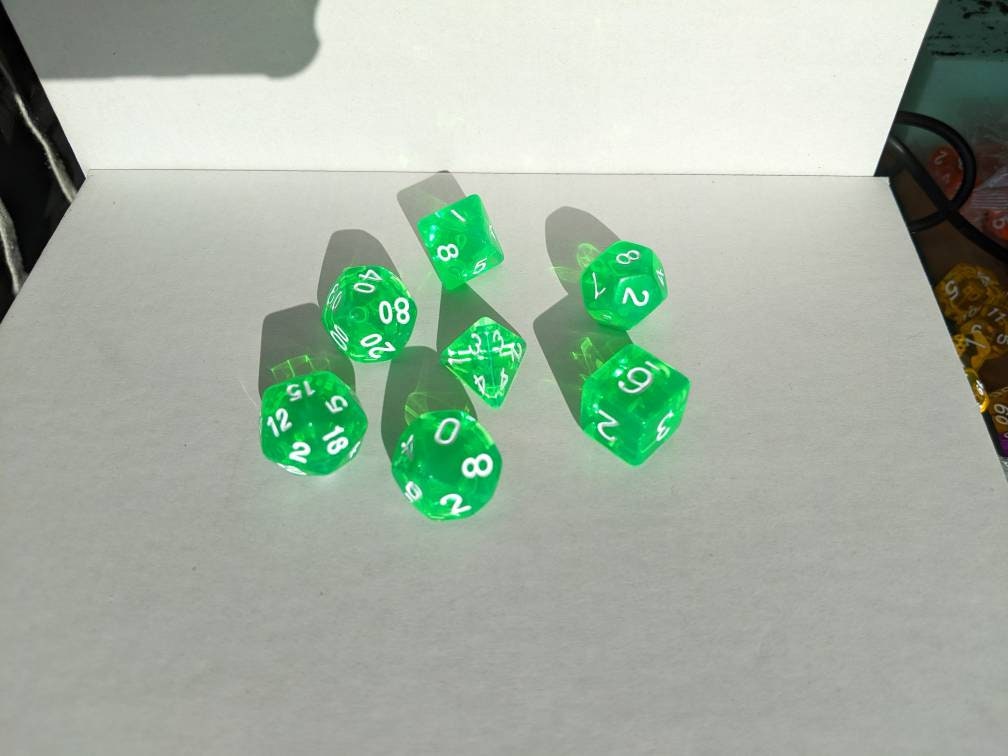 Transparent Green Dice Set                       D&D Polyhedral Dice full 7pc set for Dungeons and Dragons and TTRPGs Free dice bag