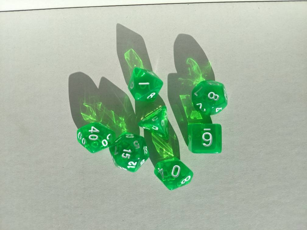 Transparent Green Dice Set                       D&D Polyhedral Dice full 7pc set for Dungeons and Dragons and TTRPGs Free dice bag