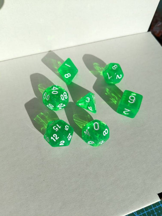 Transparent Green Dice Set                       D&D Polyhedral Dice full 7pc set for Dungeons and Dragons and TTRPGs Free dice bag