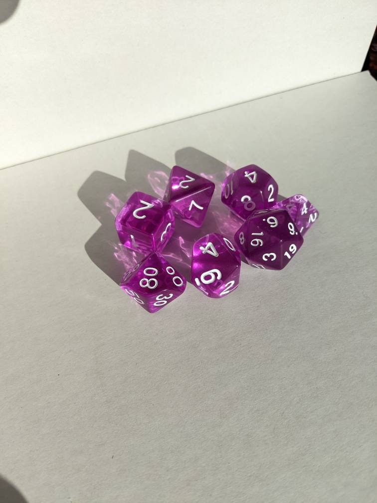 Transparent Purple Dice Set                       D&D Polyhedral Dice full 7pc set for Dungeons and Dragons and TTRPGs Free dice bag