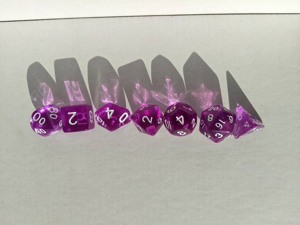 Transparent Purple Dice Set                       D&D Polyhedral Dice full 7pc set for Dungeons and Dragons and TTRPGs Free dice bag