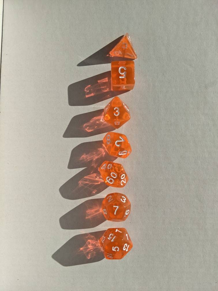 Transparent Orange Dice Set                       D&D Polyhedral Dice full 7pc set for Dungeons and Dragons and TTRPGs Free dice bag
