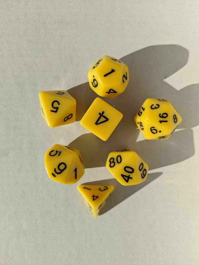 Yellow Dice Set                       D&D Polyhedral Dice full 7pc set for Dungeons and Dragons and TTRPGs Free dice bag