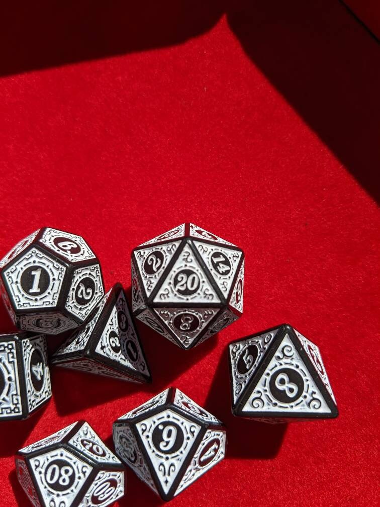 White Carved Dice Set                       D&D Polyhedral Dice full 7pc set for Dungeons and Dragons and other TTRPGs Free dice bag