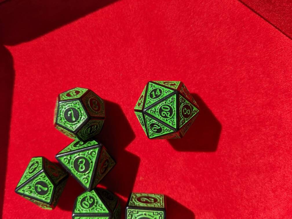 Green Carved Dice Set                       D&D Polyhedral Dice full 7pc set for Dungeons and Dragons and other TTRPGs Free dice bag