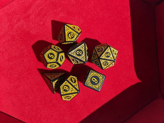 Yellow Carved Dice Set                       D&D Polyhedral Dice full 7pc set for Dungeons and Dragons and other TTRPGs Free dice bag