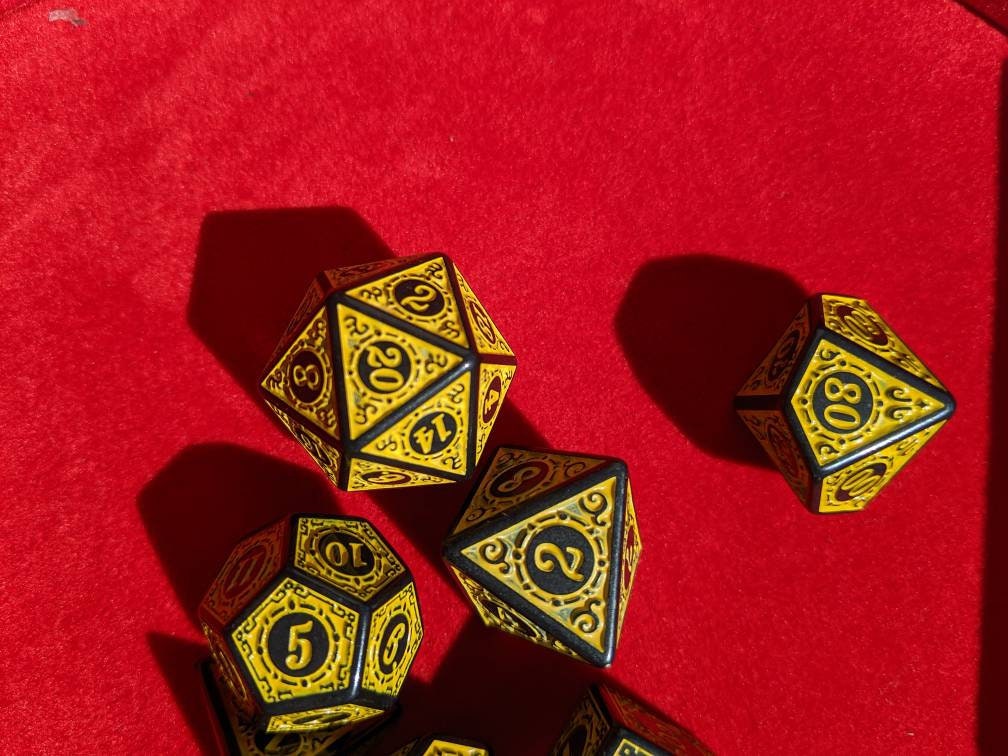 Yellow Carved Dice Set                       D&D Polyhedral Dice full 7pc set for Dungeons and Dragons and other TTRPGs Free dice bag