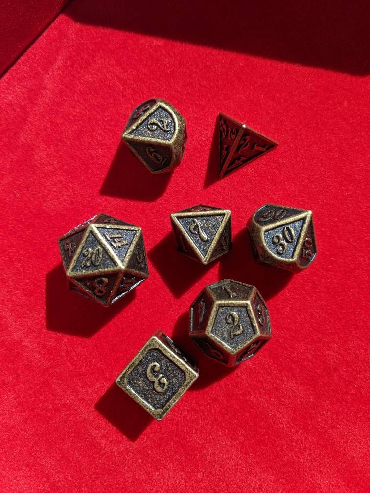 Antique Effect Metal Dice Set                       D&D Polyhedral Dice full 7pc set for Dungeons and Dragons and other TTRPGs Free dice bag