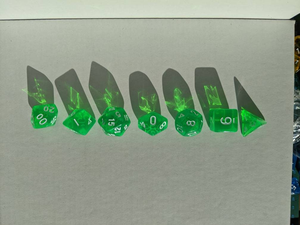 Transparent Green Dice Set                       D&D Polyhedral Dice full 7pc set for Dungeons and Dragons and TTRPGs Free dice bag