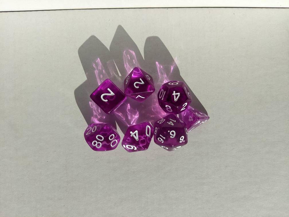 Transparent Purple Dice Set                       D&D Polyhedral Dice full 7pc set for Dungeons and Dragons and TTRPGs Free dice bag