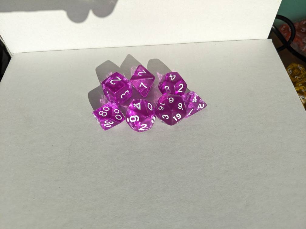 Transparent Purple Dice Set                       D&D Polyhedral Dice full 7pc set for Dungeons and Dragons and TTRPGs Free dice bag