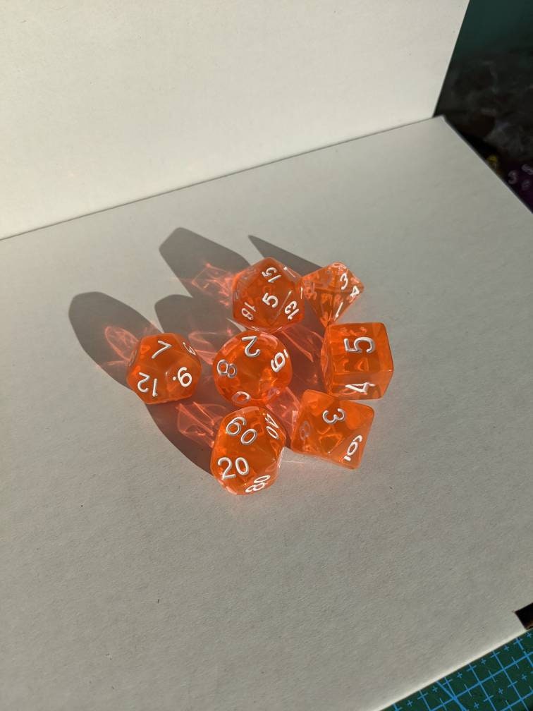 Transparent Orange Dice Set                       D&D Polyhedral Dice full 7pc set for Dungeons and Dragons and TTRPGs Free dice bag