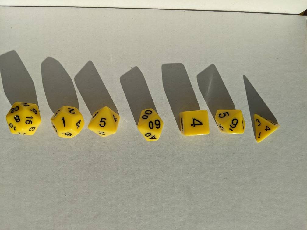 Yellow Dice Set                       D&D Polyhedral Dice full 7pc set for Dungeons and Dragons and TTRPGs Free dice bag