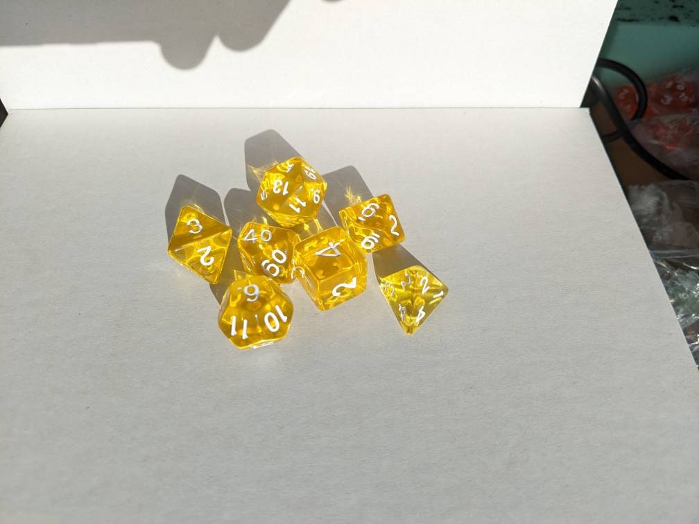 Honey transparent gold Dice Set                       D&D Polyhedral Dice full 7pc set for Dungeons and Dragons and TTRPGs Free dice bag