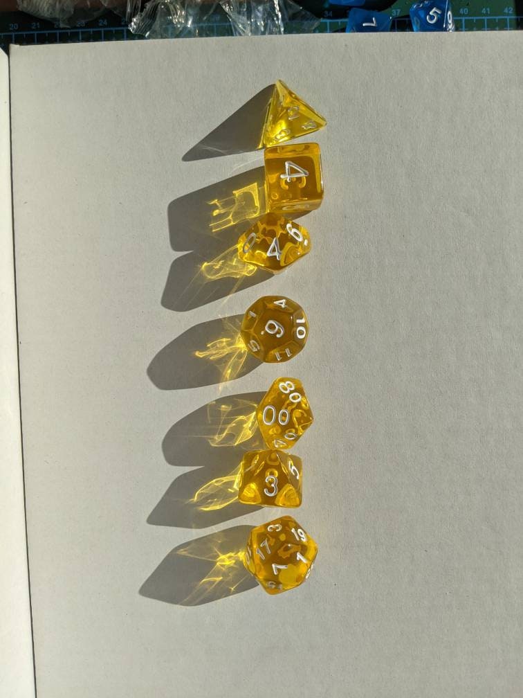 Honey transparent gold Dice Set                       D&D Polyhedral Dice full 7pc set for Dungeons and Dragons and TTRPGs Free dice bag