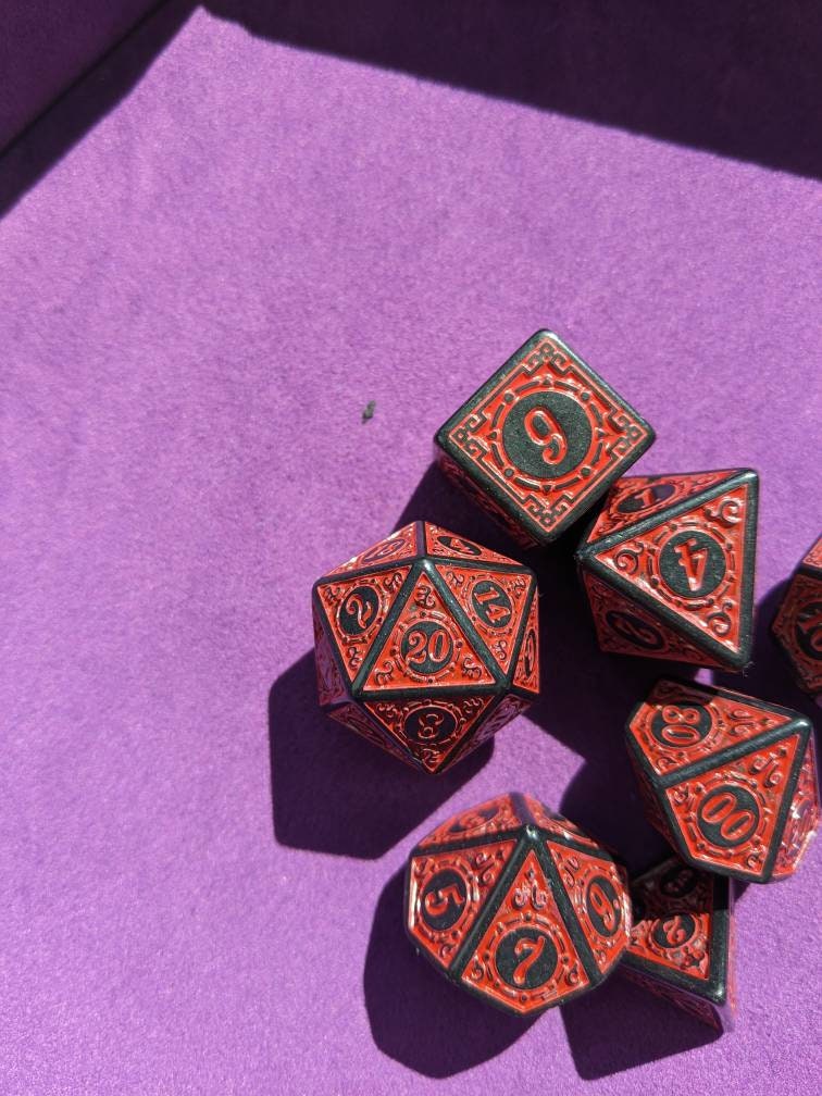 Red Carved Dice Set                       D&D Polyhedral Dice full 7pc set for Dungeons and Dragons and other TTRPGs Free dice bag