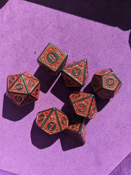 Red Carved Dice Set                       D&D Polyhedral Dice full 7pc set for Dungeons and Dragons and other TTRPGs Free dice bag