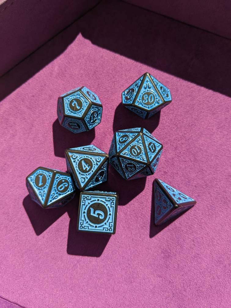 Blue Carved Dice Set                       D&D Polyhedral Dice full 7pc set for Dungeons and Dragons and other TTRPGs Free dice bag