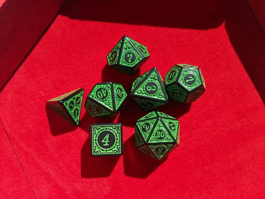 Green Carved Dice Set                       D&D Polyhedral Dice full 7pc set for Dungeons and Dragons and other TTRPGs Free dice bag