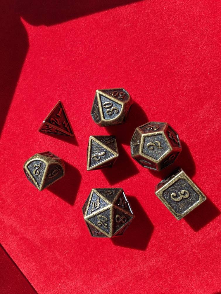 Antique Effect Metal Dice Set                       D&D Polyhedral Dice full 7pc set for Dungeons and Dragons and other TTRPGs Free dice bag