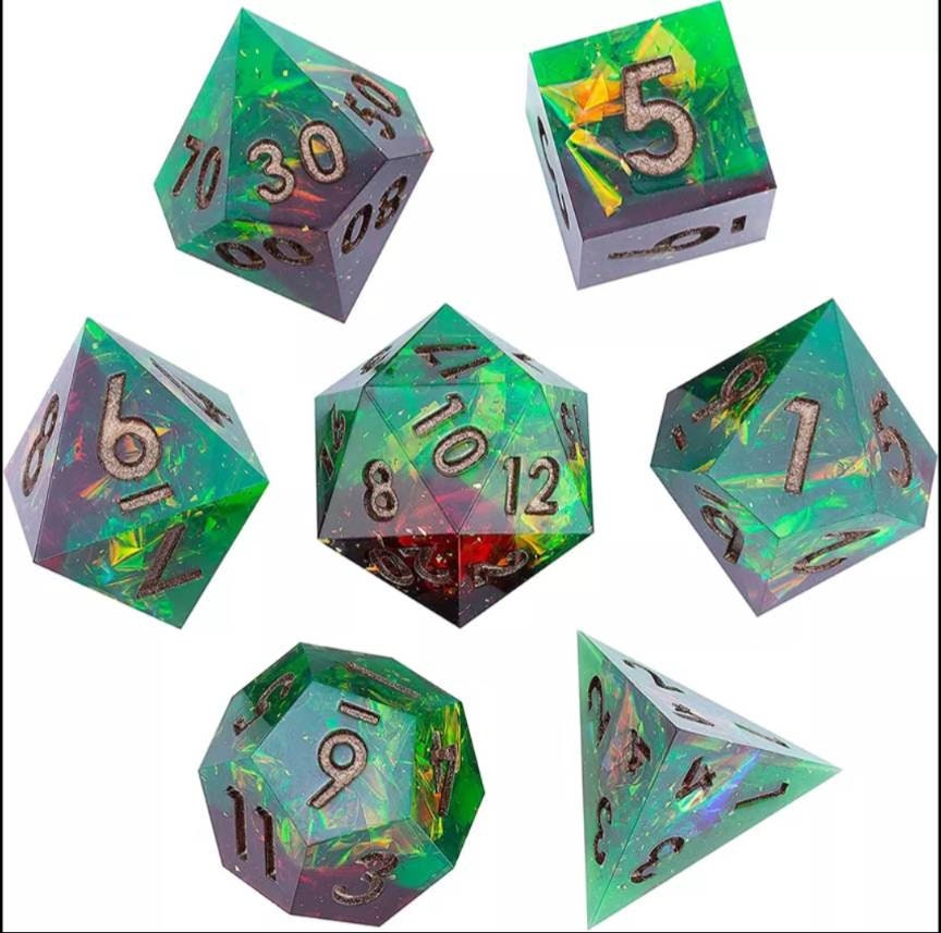 Green Red Sharp Edge Dice Set / D&D Dice Set / Transparent Resin RPG Dice Set / Polyhedral Dice Set /Role Playing Dice Set /7 Dice Set