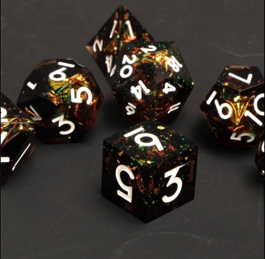 Black Orange Galaxy Space Sharp Edge Dice Set / D&D Dice Set / Transparent Resin RPG Dice Set / Polyhedral 7 Dice Set /Role Playing Dice Set