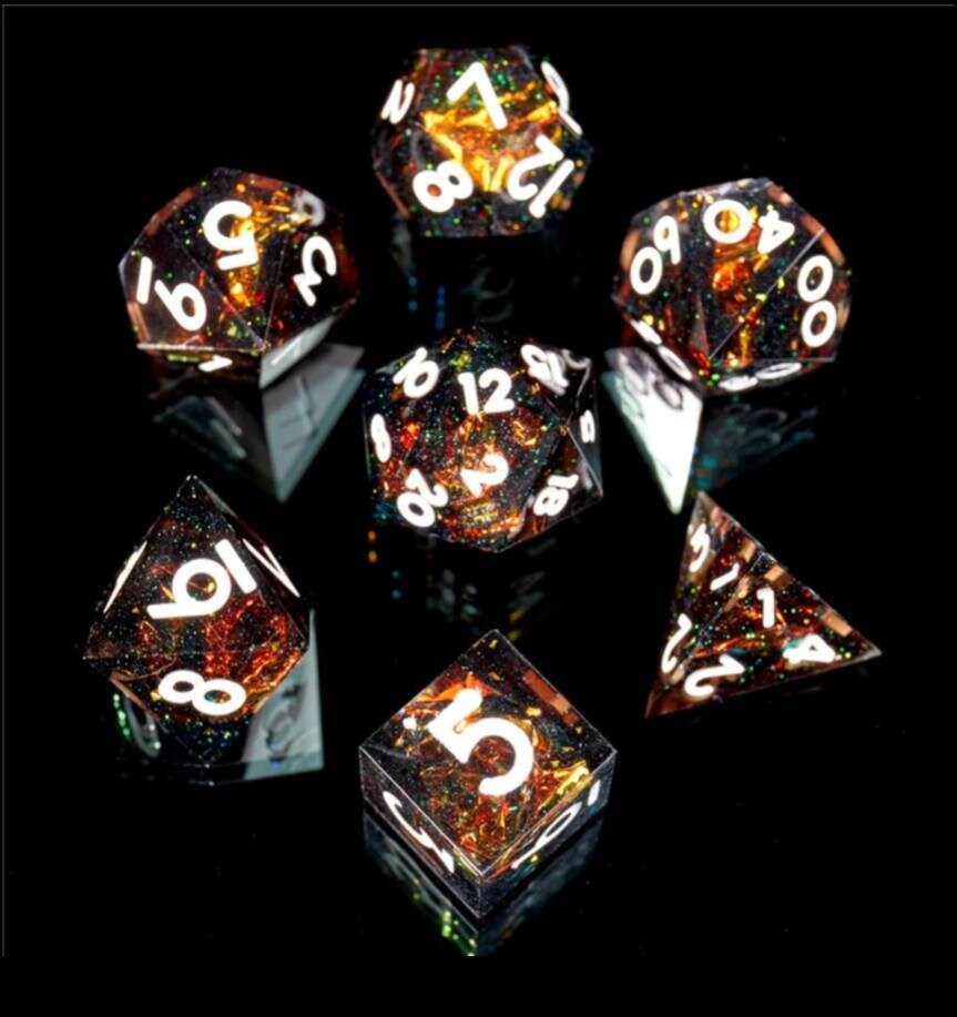 Black Orange Galaxy Space Sharp Edge Dice Set / D&D Dice Set / Transparent Resin RPG Dice Set / Polyhedral 7 Dice Set /Role Playing Dice Set