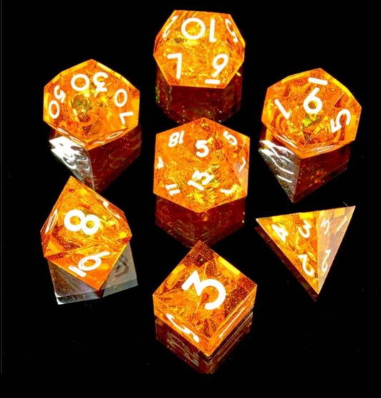 Orange Fire Clear Sharp Edge Dice Set / D&D Dice Set / Transparent Resin RPG Dice Set / Polyhedral 7 Dice Set /Role Playing Dice Set