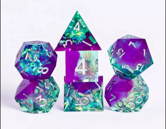 Purple Green Sharp Edge Dice Set / D&D Dice Set / Transparent Resin RPG Dice Set / Polyhedral Dice Set /Role Playing Dice Set /7 Dice Set